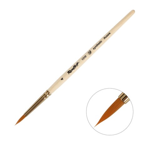 Synthetic brush, round, hard, shortened insert, rubloff series 1310 No. 4, short handle is saturated with varnish, yellow clip