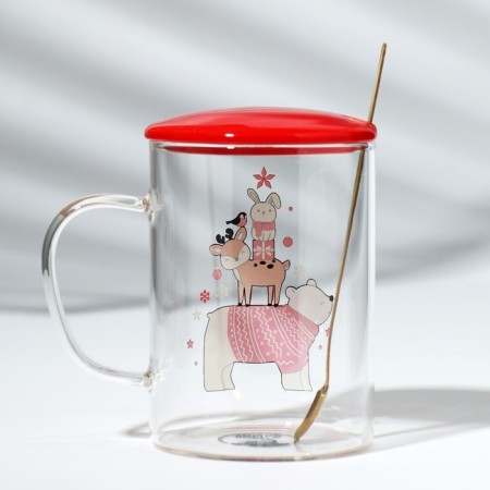 Glass mug with a spoon and cover "Beast", 470 ml-7