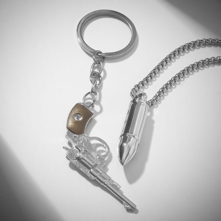 Set 2 objects: pendant, keychain "revolver", color silver, 70 cm-3