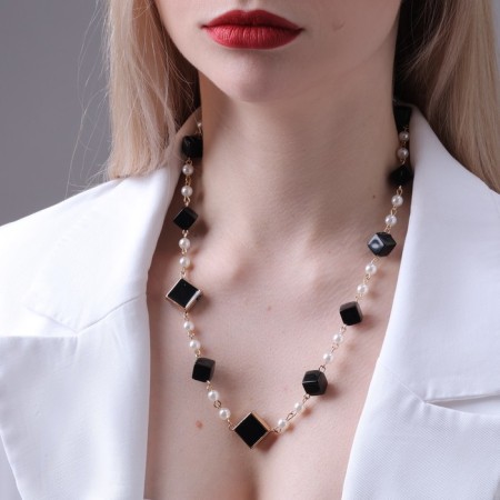 Beads with pearls "gallantry", black and white color in gold, 80 cm-3