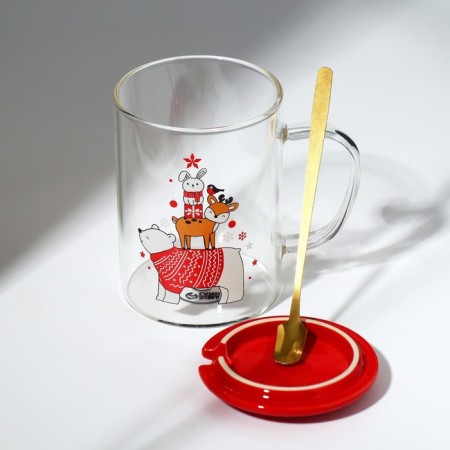 Glass mug with a spoon and cover "Beast", 470 ml-5