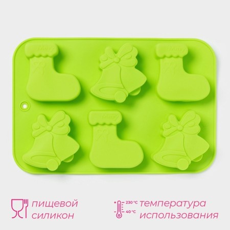 The form for baking the deed "New Year. Bells and boot ", silicone, 25.5 × 17 cm, 6 cells, green color-2