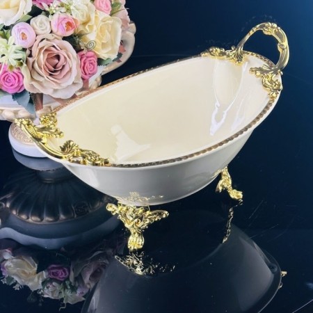 Deep dish with Lenardi handles, on legs, porcelain, length 30.5 cm