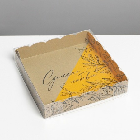 Cookie box, confectionery packaging with PVC lid, “made with love”, 15 x 15 x 3 cm