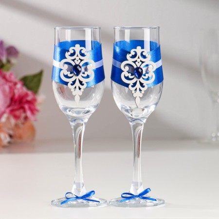 A set of wedding glasses "Prague", handmade, white blue, 6x6x20.5 cm, 2 pcs.-4