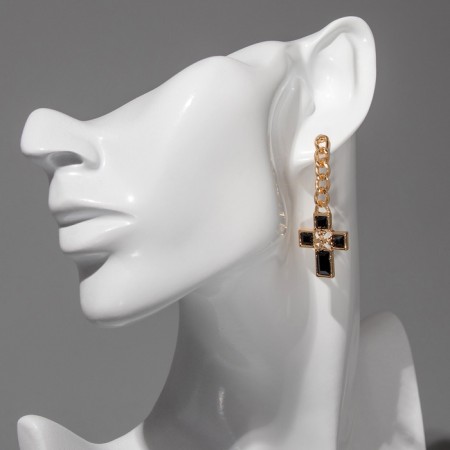 Earrings with rhinestones “crosses” chain, white-black color in gold-2