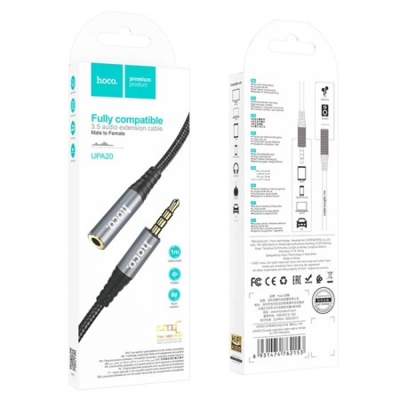 Hoco UPA20, Jack 3.5 mm (M) cable - jack 3.5 mm (F), 1 m, nylon, gray-8