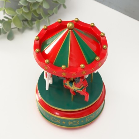 Souvenir Plastic Musical Mean. "Carousel - horses" green -red 10.5x10.5x17.5 cm-3