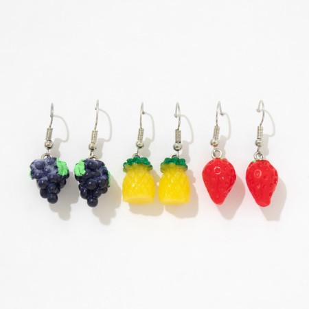 Set of earrings 3 pairs "Fruits" pineapple and berries, colored in silver-4