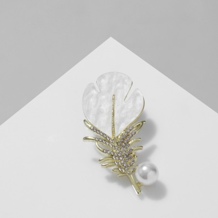 Brooch "Pen" with bead, white color in gold