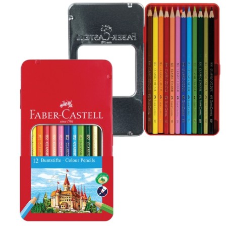 Faber-Castell-Castell “castle”, 12 colors, hexagonal, sharpened, in a metal box