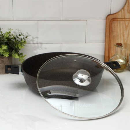 Stear, d = 30 cm, h = 8.5 cm, removable handles, glass cover, anti -stick coating, brown color-1