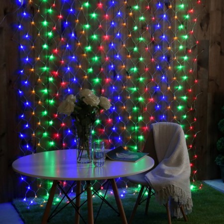Garland "Network" 2 × 3 m, IP44, UMS, transparent thread, 384 LED, glow of multi, 220 V