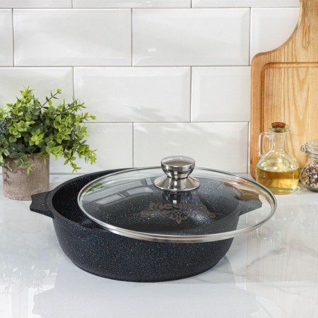 Frying "granite Star", 4 l, d = 30 cm, glass cover, anti -stick coating, black color-1