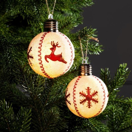 A set of Christmas tree balls “Red snowflakes and deer” 2 pcs., Battery, 1 LED, glow warm white