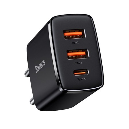 Charger Baseus Compact Quick Charm 2*USB+USB-C, 3A, 30W, Black-1