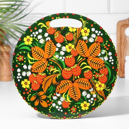 Board cutting and serving round kitchen "Khokhlomskaya painting", 25.5 cm-1