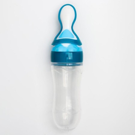 A bottle for feeding, silicone, with a spoon, from 5 months, 90 ml, blue color