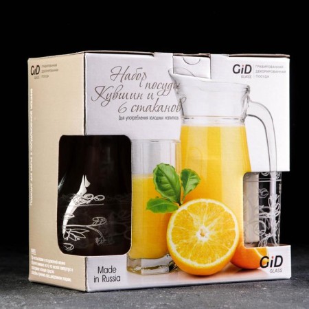 A set of drinking with an engraving “Flora”, 7 objects: Capherine 1 liter, glasses 230 ml, 6 pcs-2