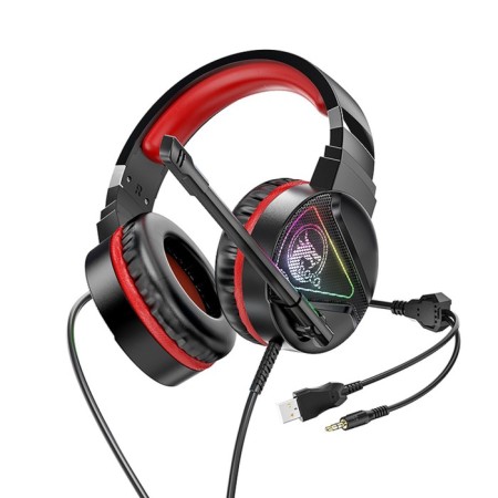 Hoco W104 headphones, gaming, invoices, microphone, USB + 3.5 mm, 2 m, black and red-1