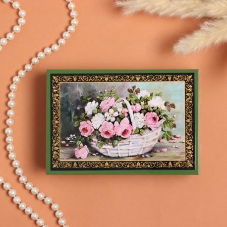 Casket "Roses with wildflowers in the basket", green, 11 × 16 cm, lacquer miniature-2