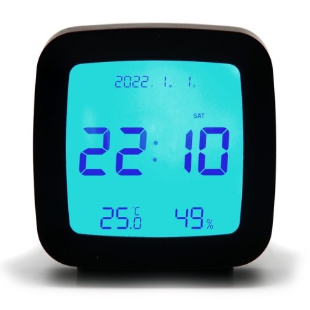 Clock - electronic desk alarm clock: thermometer, calendar, hygrometer, 7.8 x 8.3 cm