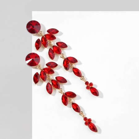 Hanging earrings with rhinestones "bun" deciduous, red color in gold, 9.5 cm-3