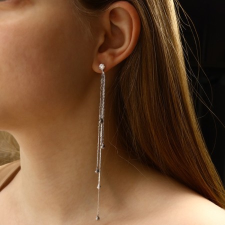 Hanging earrings with the rhinestones "celebrity" threads with beads, white color in silver, 12.5 cm-4