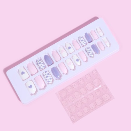 Follow nails, 24 pcs, with adhesive plates, almond shape, white/pink/lilac color-2