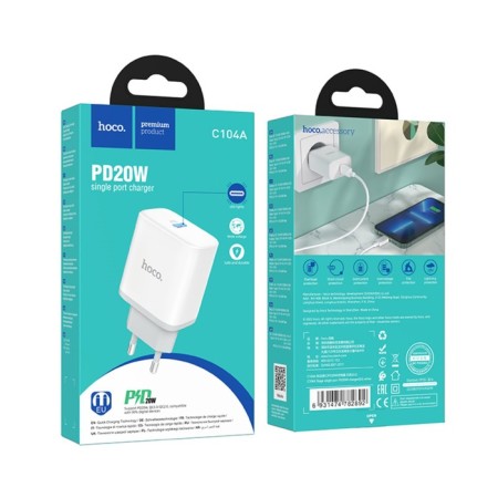 Network charger Hoco C104A, 1 Type-C, 20 W, PD + Qc, White-8