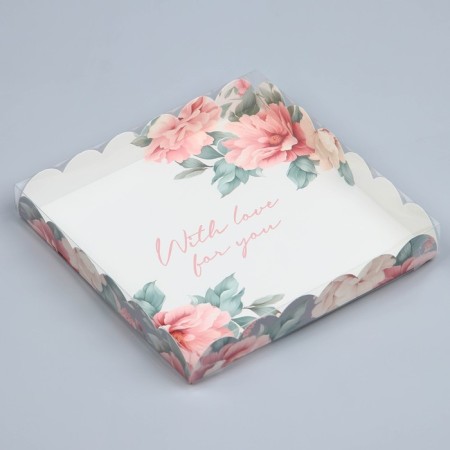 Cookie box, confectionery packaging with PVC lid, with love for you, 21 x 21 x 3 cm