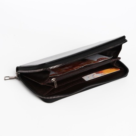 Male purse with zipper, department for bills, for maps, for coins, black color-3