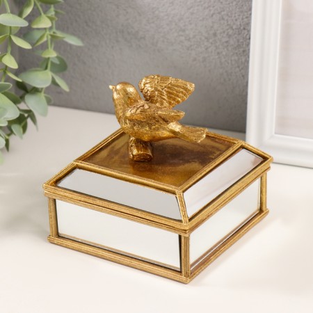 Polystone box, Golden Bird mirror 10.5x10.5x10 cm-1