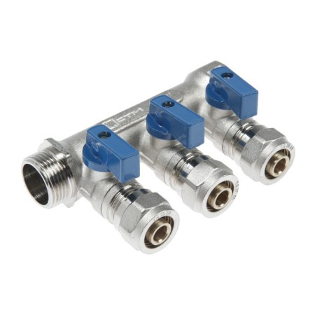 Collector "STM", 3/4 "x16 mm, 3 outings, with ball valves, for m/n pipes, nickel.