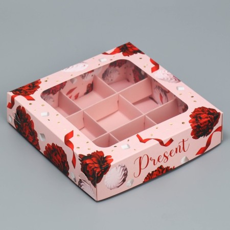 Box for sweets, confectionery packaging, 9 cells, Present, 14.7 x 14.7 x 3.5 cm