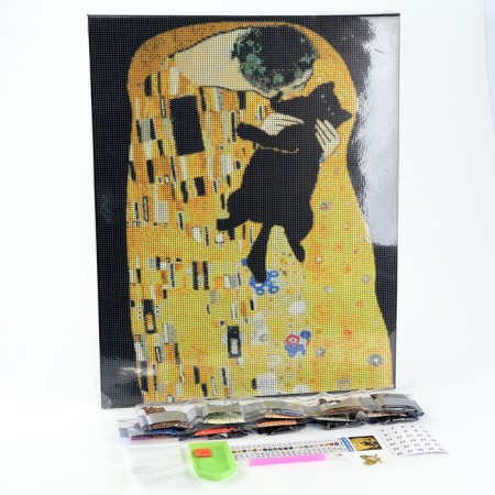 Diamond mosaic with full filling on canvas with a subframe "Kiss with a cat", 40 x 50 cm-1