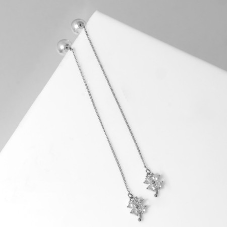 Earrings with pearls "chains" flower and bead, white color in silver, ball No. 10-4