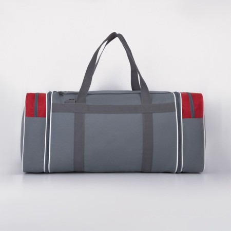 Road bag on a zipper, with an increase, 3 outer pockets, a long belt, the color is gray/red-1