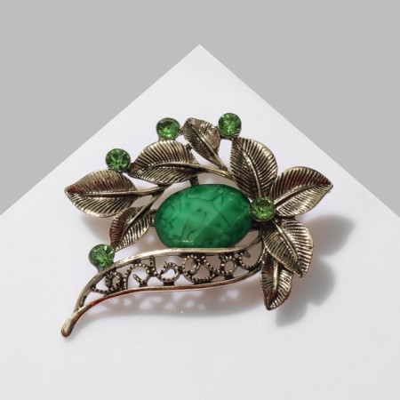 Brooch "Oliva" on a branch, green color in black bronze