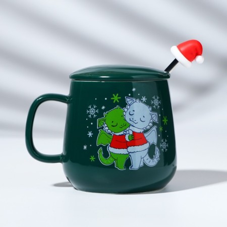 Ceramic mug with a spoon of "love in the new year", 350 ml, green color-6
