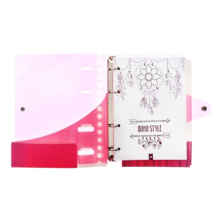 A notebook on rings A5 120 sheets in the Lorex "Neon. Pink" cage, with a change of block, a plastic cover, with stickers-3