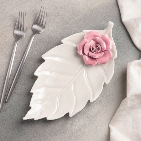 Ceramic serving dish "leaf with rose", 27 × 14 × 4.5 cm, white-pink color-1