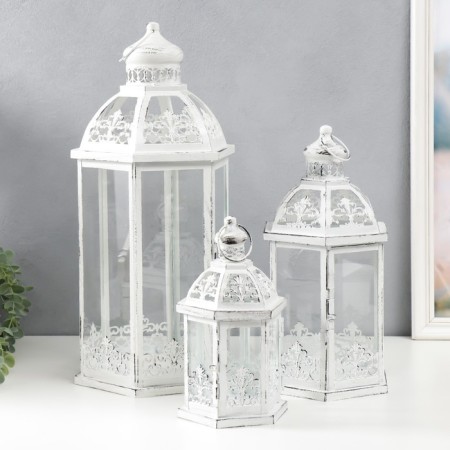 Summary metal, glass "Lantern-openwork tower" Nr 3 pcs D-8, 13, 16 cm white 48x23 cm-1