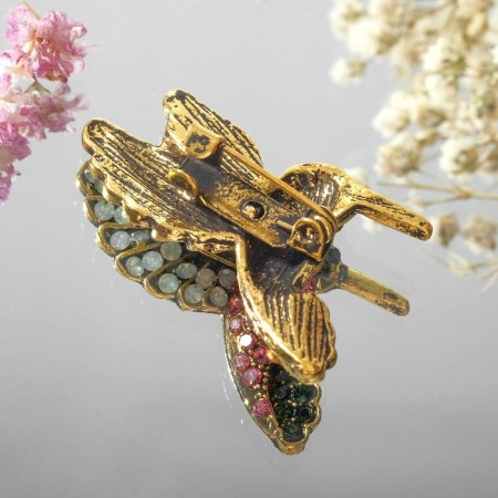 Broach "Bird" hummingbirds, the color of raspberry-green in black gold-2