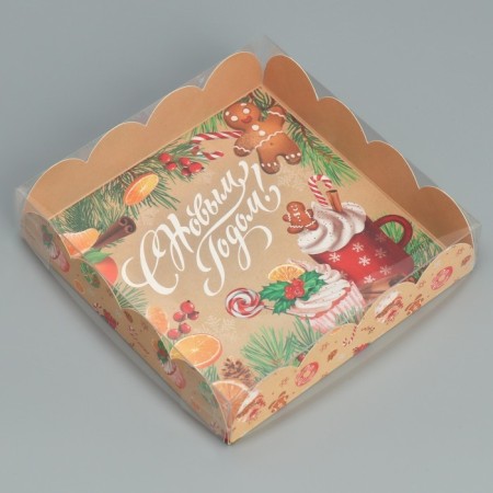 Box for confectionery products with PVC Happy New Year, 13 x 13 x 3 cm, new year-1
