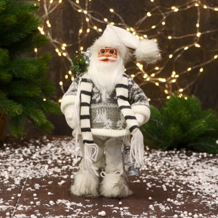 Santa Claus "in a striped scarf and with a flashlight" 30 cm, gray-white