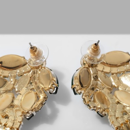 Hanging earrings with rhinestones "Magic" drops and waterfall, green color in gold, 14 cm-2