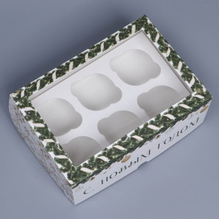 Folding box for 6 cupcakes with the window "Pattern Snowflakes", 25 x 17 x 10 cm, New Year-2