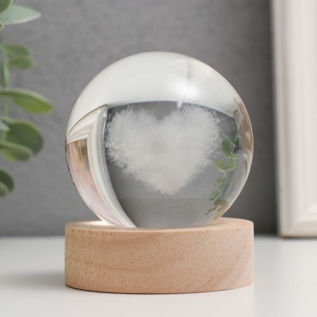 Souvenir glass backlight "Cloudy heart" d = 6 cm stand wood, usb 6.5x6.5x7.5 cm-1