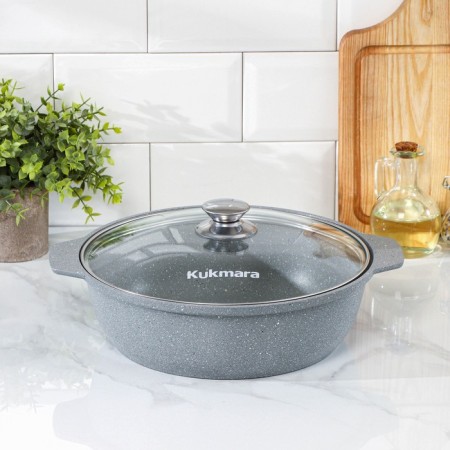 Frying, 3 l, d = 30 cm, h = 9 cm, glass cover, anti-stick coating, color light gray